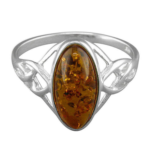 Cognac Amber Oval Statement Ring With Celtic Shoulders Solid Sterling Silver 925