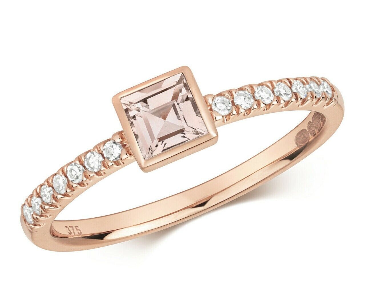 Real Morganite and Diamond Ring Solid Rose Gold Square Solitaire Size J - Q