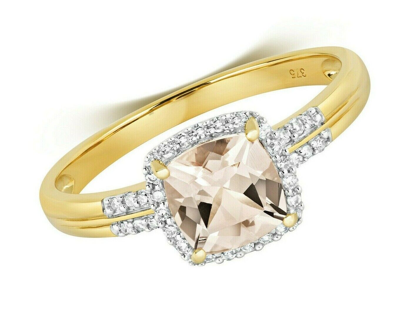 Real Morganite and Diamond Ring Solid Yellow Gold Cushion Cluster Size JKLMNOPQ