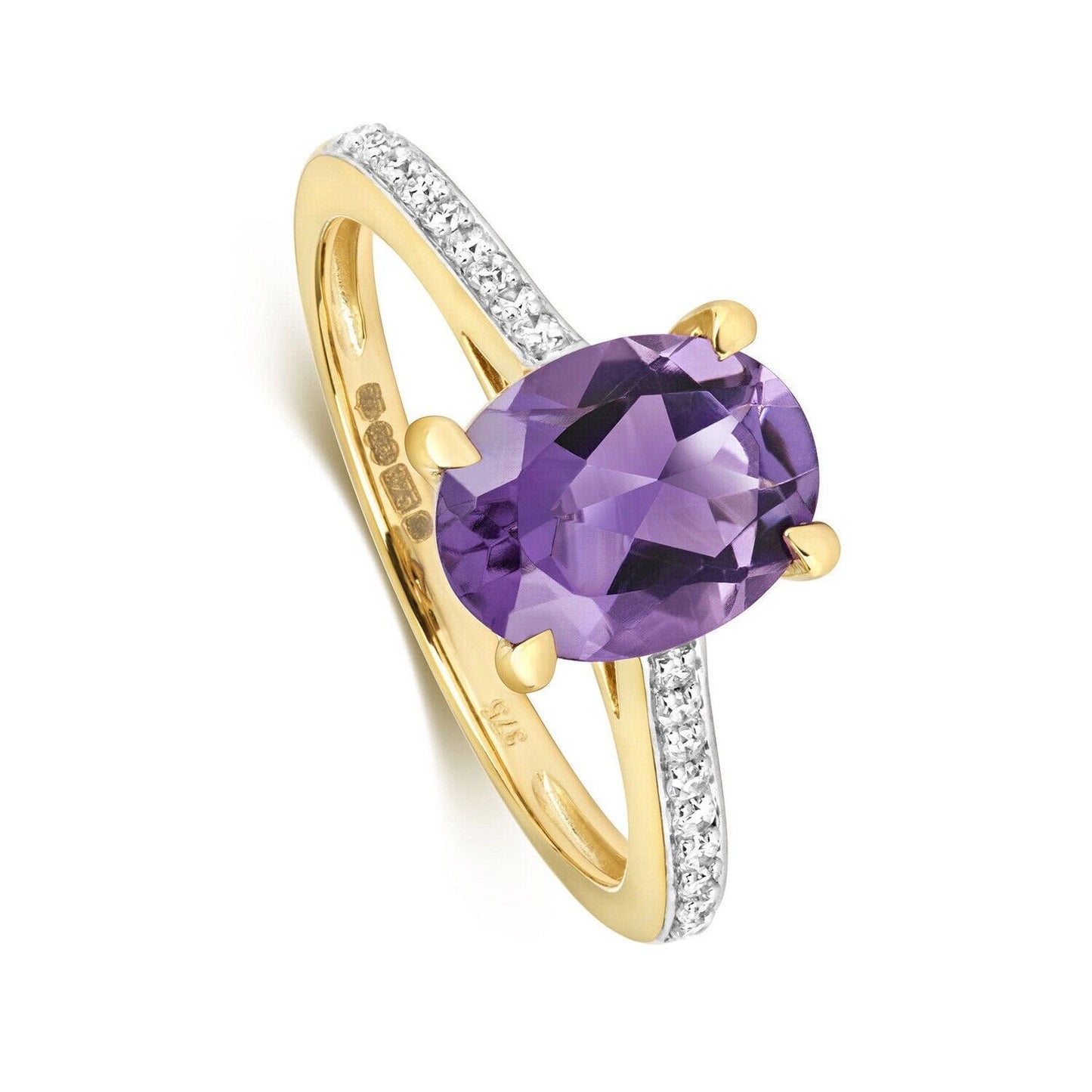 Real Amethyst and Diamond Ring Solid Yellow Gold Oval Solitaire Size J - Q