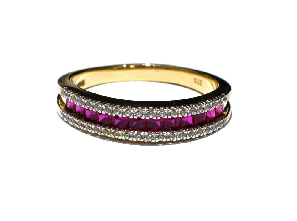 Yellow Gold Ruby Eternity Ring White Sapphire Band Hallmark British Size M-R