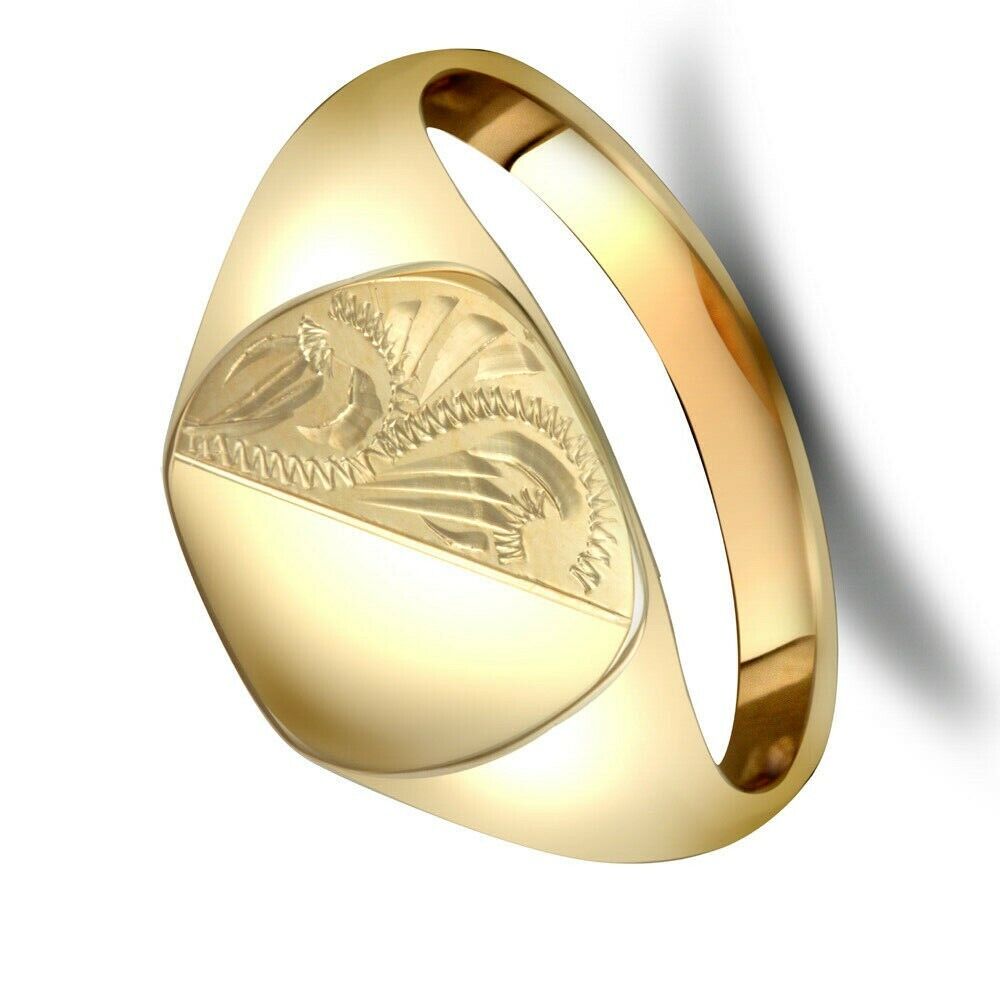 9ct Yellow Gold Gents Cushion Signet Ring Half Engraved Fully Hallmarked