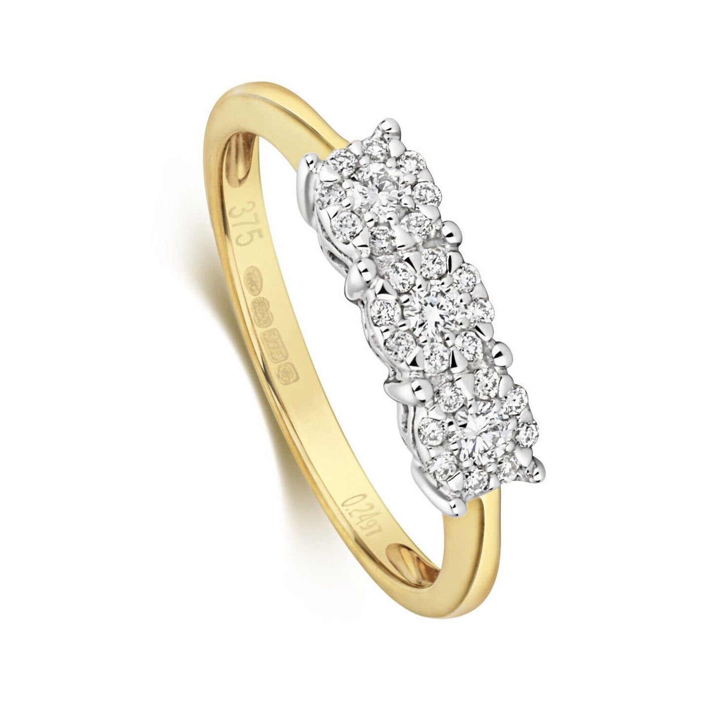 Real Diamond Ring Three Stone Cluster 9ct Yellow Gold Trilogy 0.24ctw Size J-Q