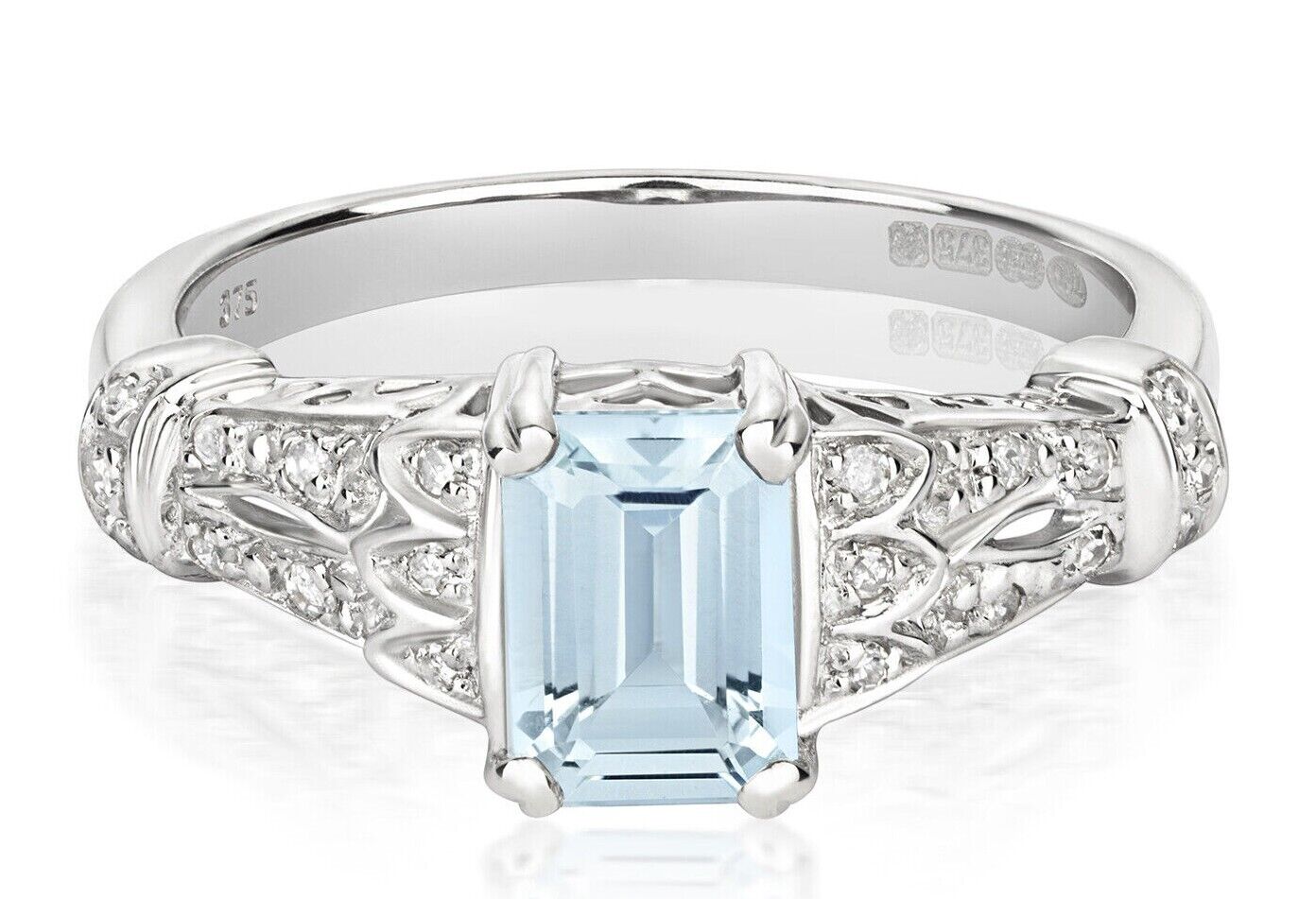 Real Aquamarine and Diamond Ring Solid White Gold Solitaire Size JKLMNOPQ