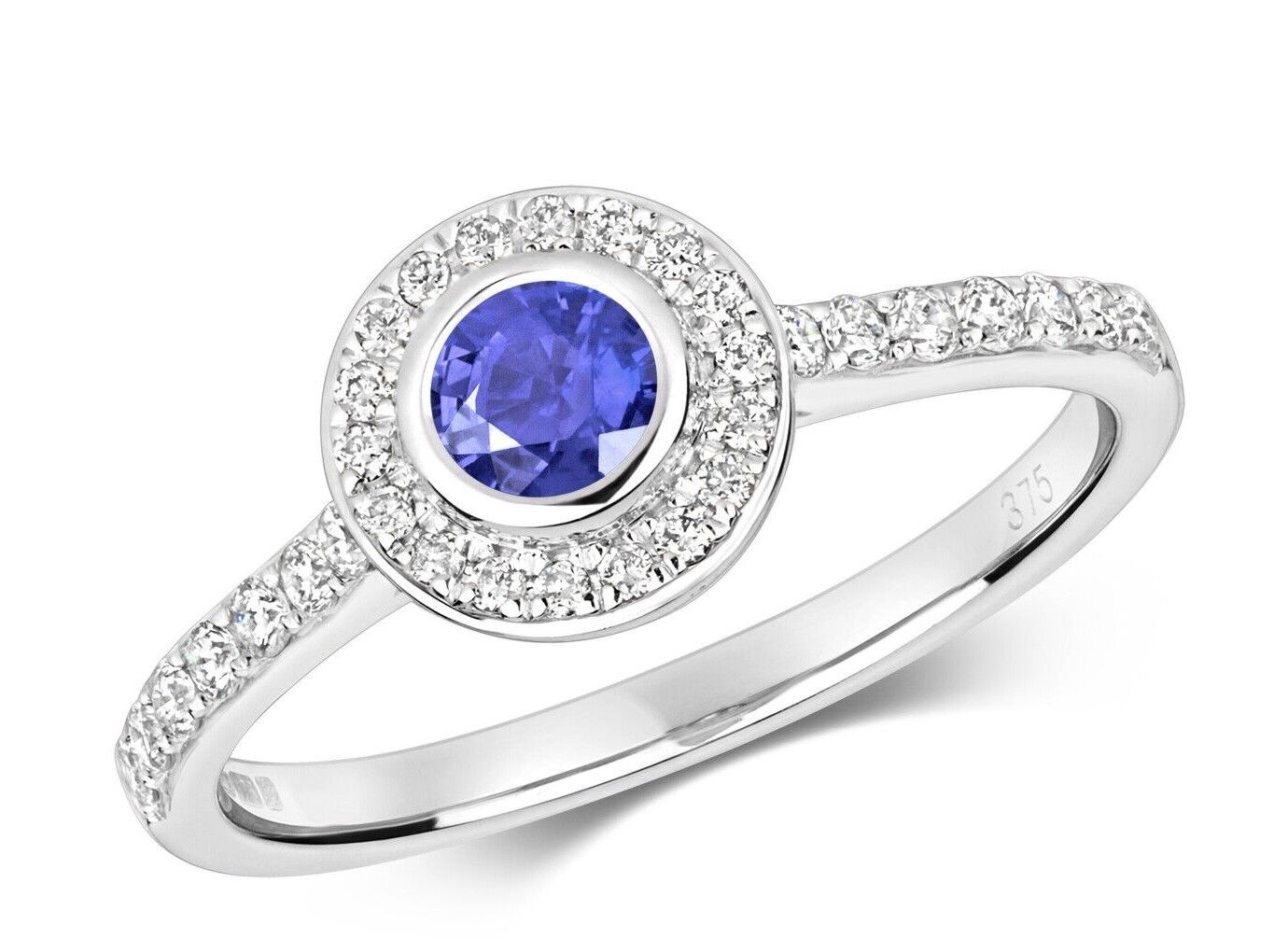 Real Tanzanite and Diamond Ring 9ct White Gold Round Cluster Size J - Q