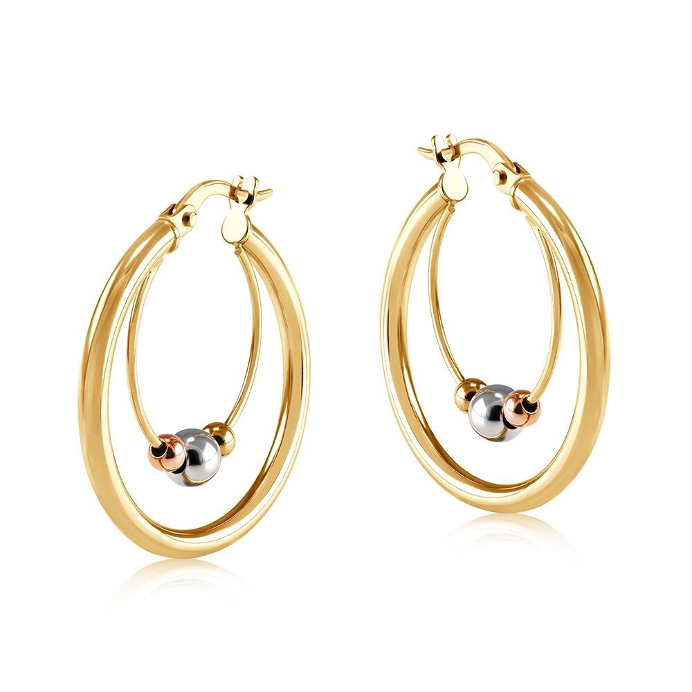 9ct Yellow Gold Hoop Earrings With Three Colour Gold Balls Hallmarked 25mm