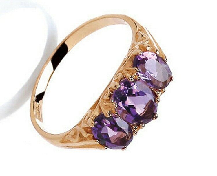 9ct Yellow Gold Amethyst Ring Three Stone Trilogy Fully Hallmarked