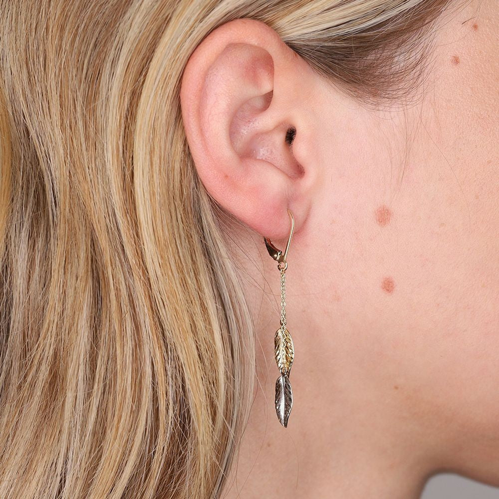 9ct Gold Leaf Drop Earrings Solid Yellow and White Gold 56mm Drops Hallmarked