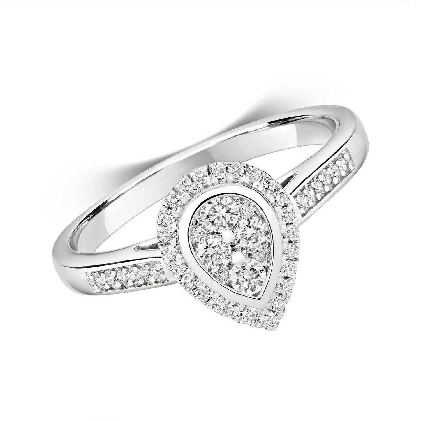 Real Diamond Halo Engagement Ring 9ct White Gold Pear Cluster 0.33 Carat Weight