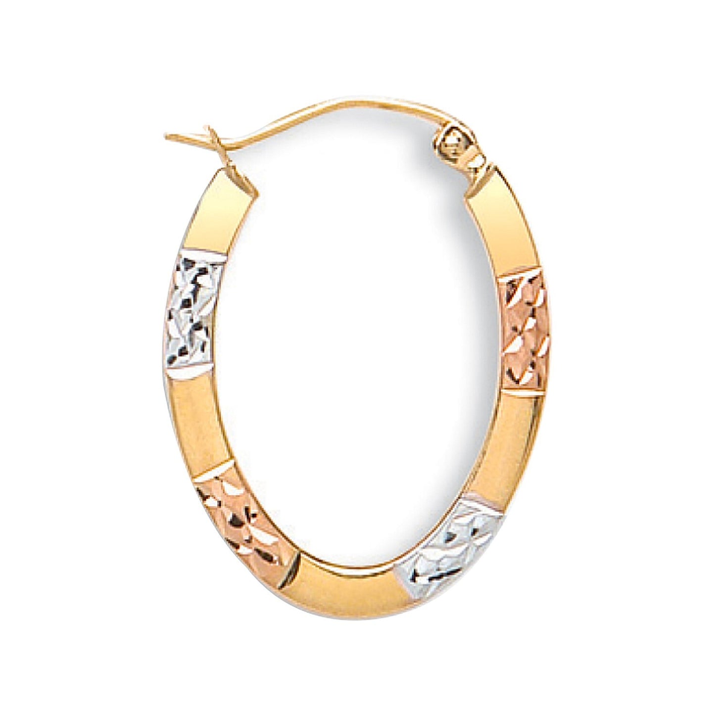 Three Colour Gold Oval Hoop Creole Earrings Hallmarked Patterned Hoops