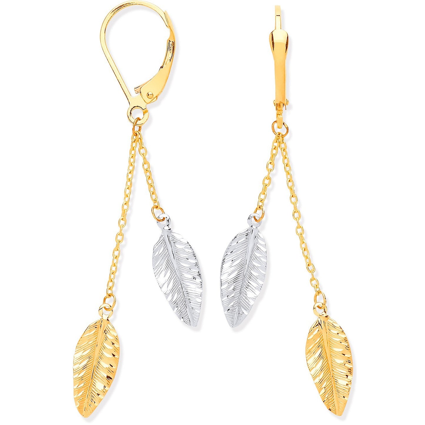 9ct Gold Leaf Drop Earrings Solid Yellow and White Gold 56mm Drops Hallmarked