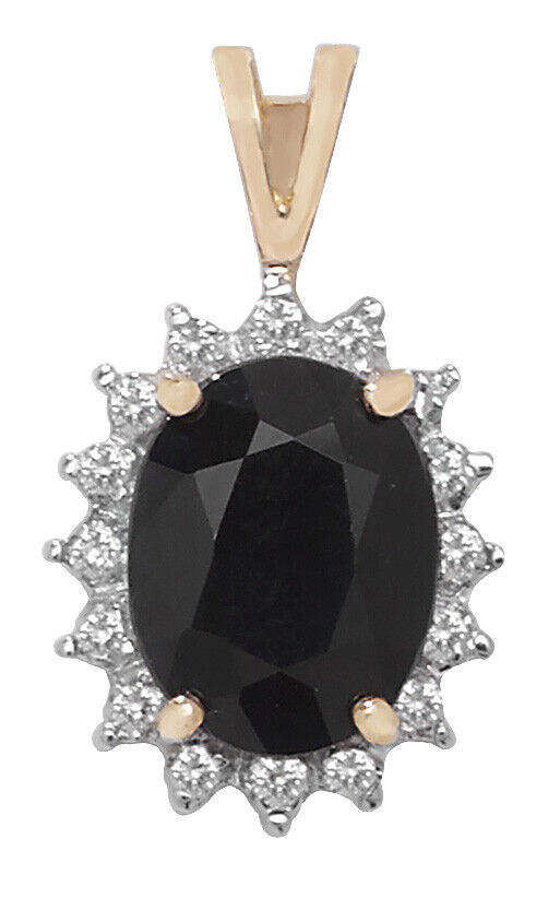 Large Sapphire and Diamond Oval Pendant Solid 9ct Yellow Gold Cluster Necklace