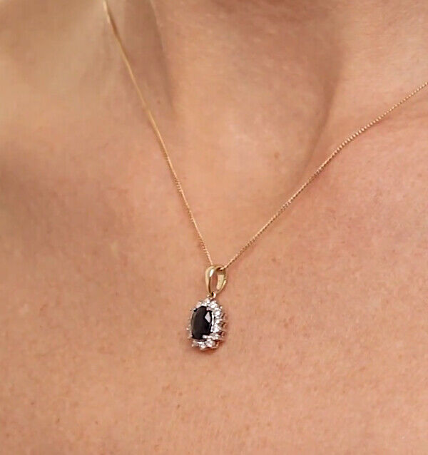 Sapphire and Diamond Oval Cluster Pendant Solid 9ct Yellow Gold Real Stones