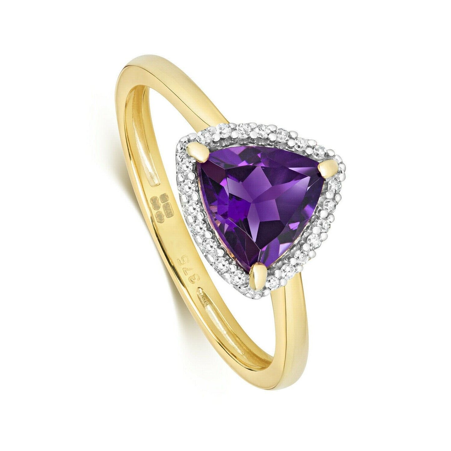 Real Amethyst and Diamond Ring Solid Yellow Gold Trillion Cluster Size J - Q