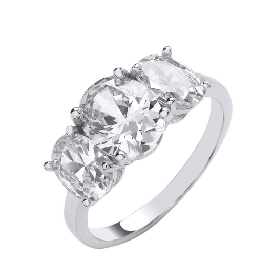 Solid Silver Oval Zircon Trilogy Ring Sizes J-Q British Made Silver 925 Hallmark