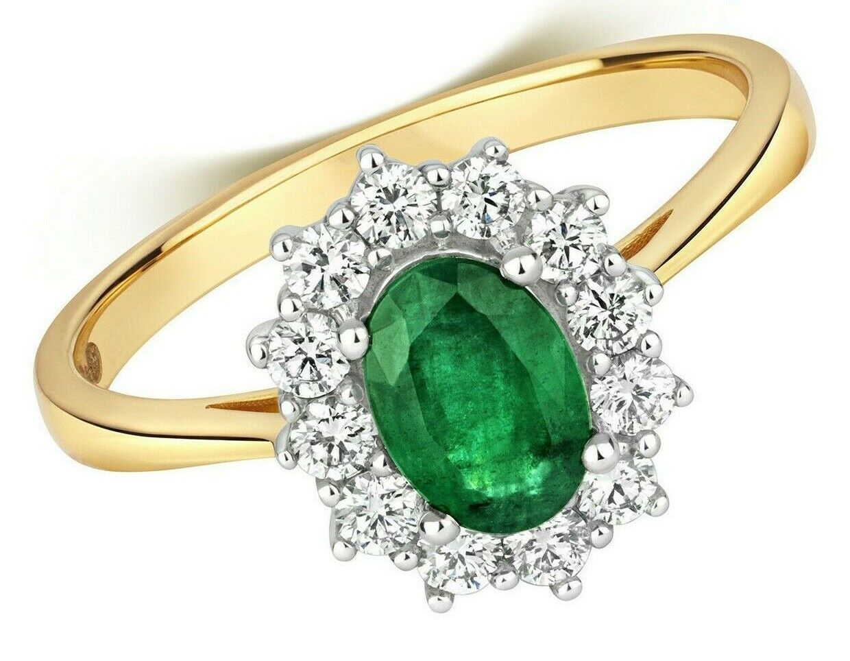 Real Emerald and Diamond Ring 18ct Yellow Gold Oval Cluster Size J - Q