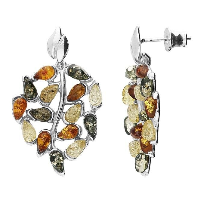 Mixed Amber Leaf Pendant and Earrings Set Solid Sterling Silver 925