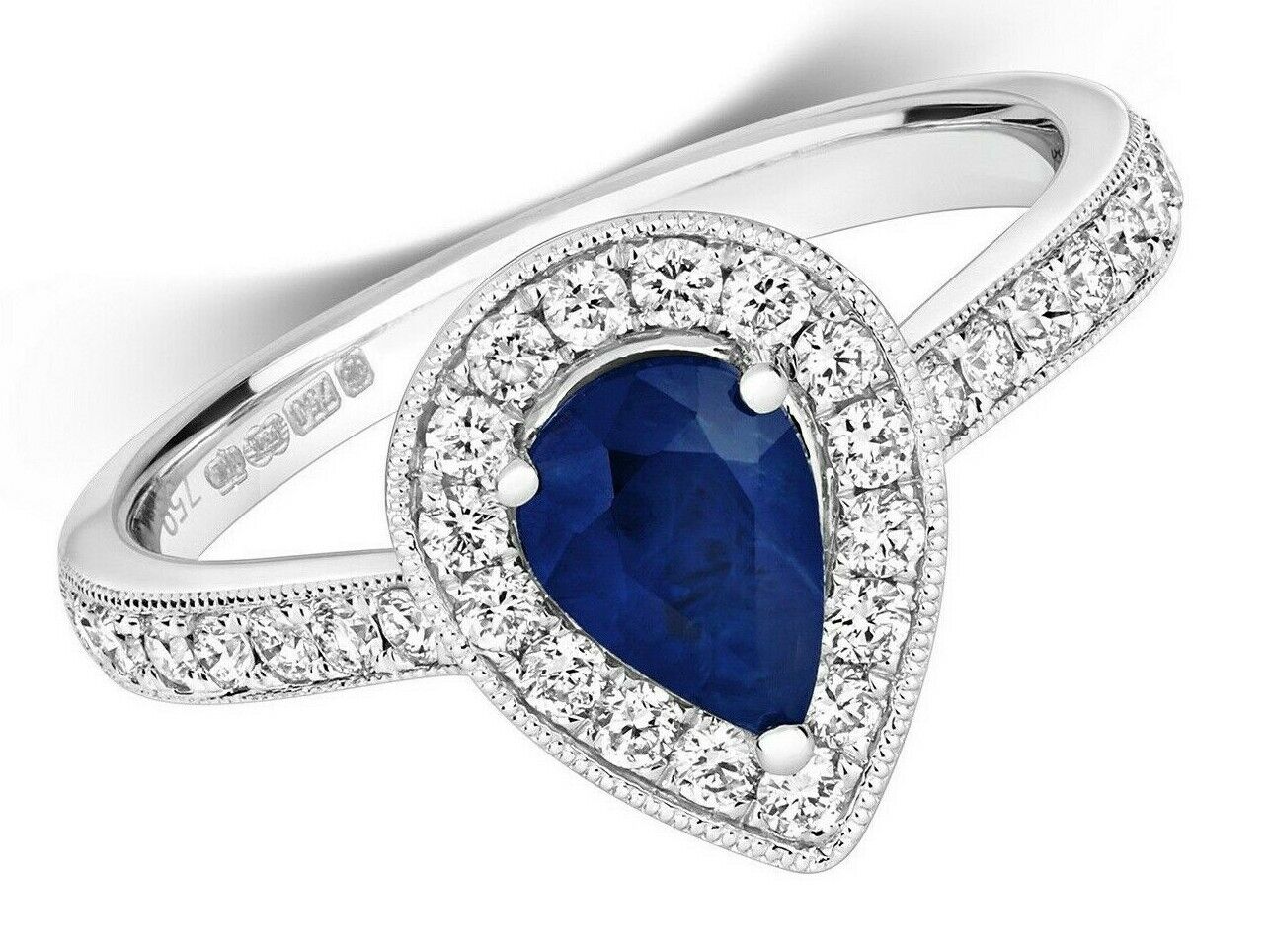 Real Sapphire and Diamond Pear Ring 18ct White Gold Teardrop Cluster