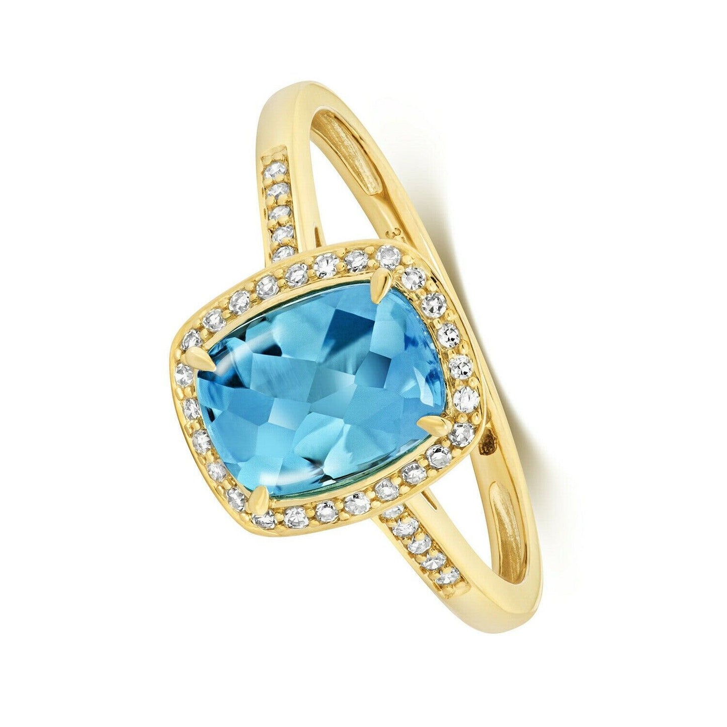9ct Yellow Gold Swiss Blue Topaz and Diamond Ring Cushion Cluster Size JKLMNOPQ
