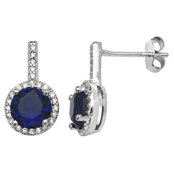 Classic Sapphire Drop Earrings Sterling Silver Rhodium British Made 925 Hallmark