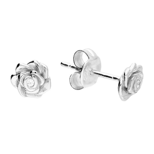 Small Rose Flower Stud Earrings CZ Set Solid .925 Sterling Silver Handmade