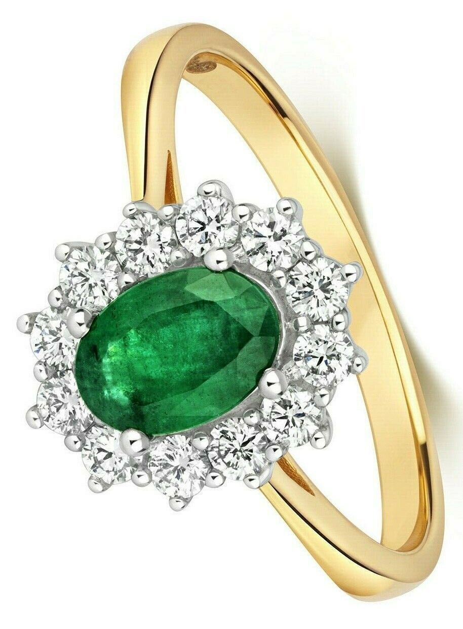 Real Emerald and Diamond Ring 18ct Yellow Gold Oval Cluster Size J - Q