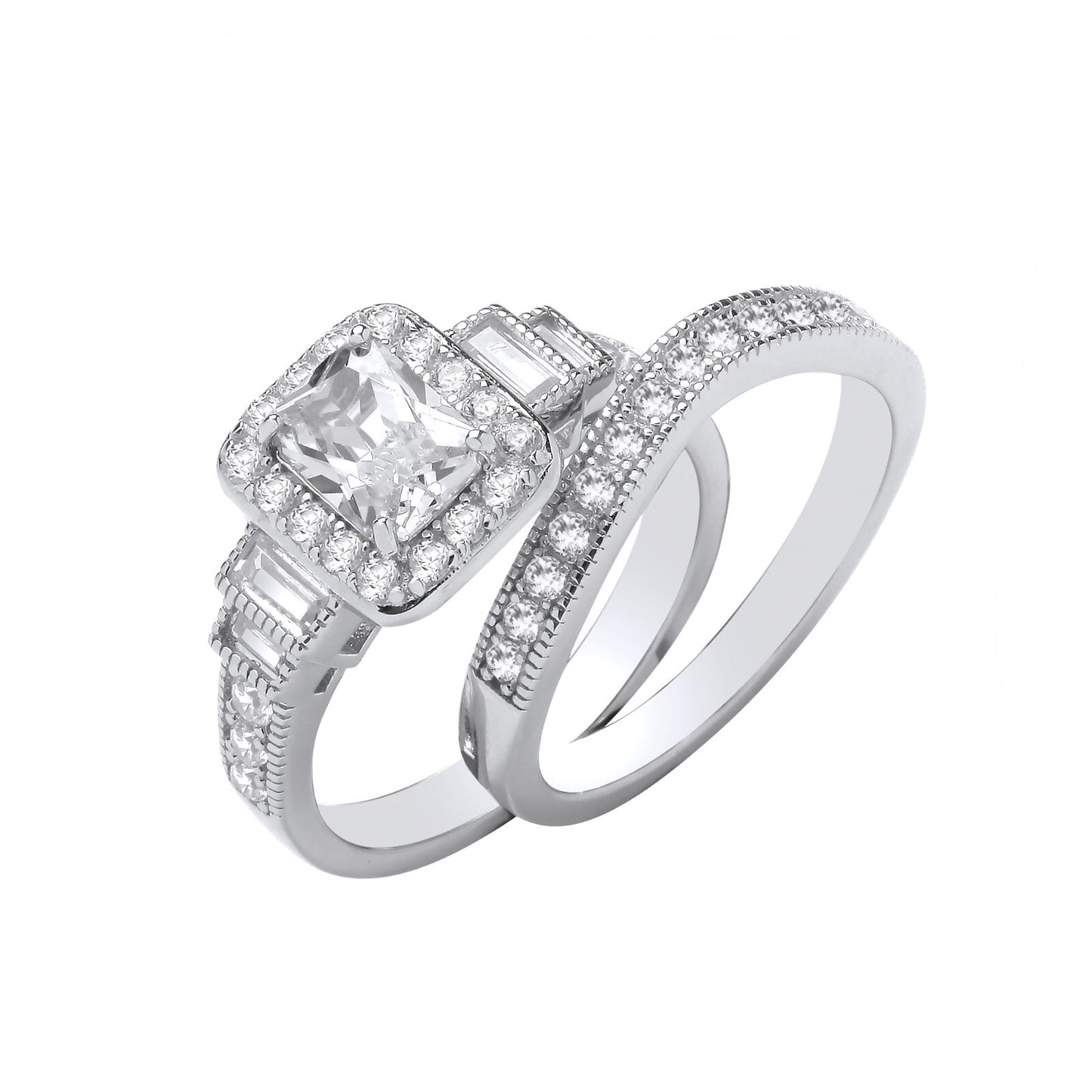 Sterling Silver Emerald Cut Zircon Centre Bridal Set Ring 925 Hallmark Size J-Q