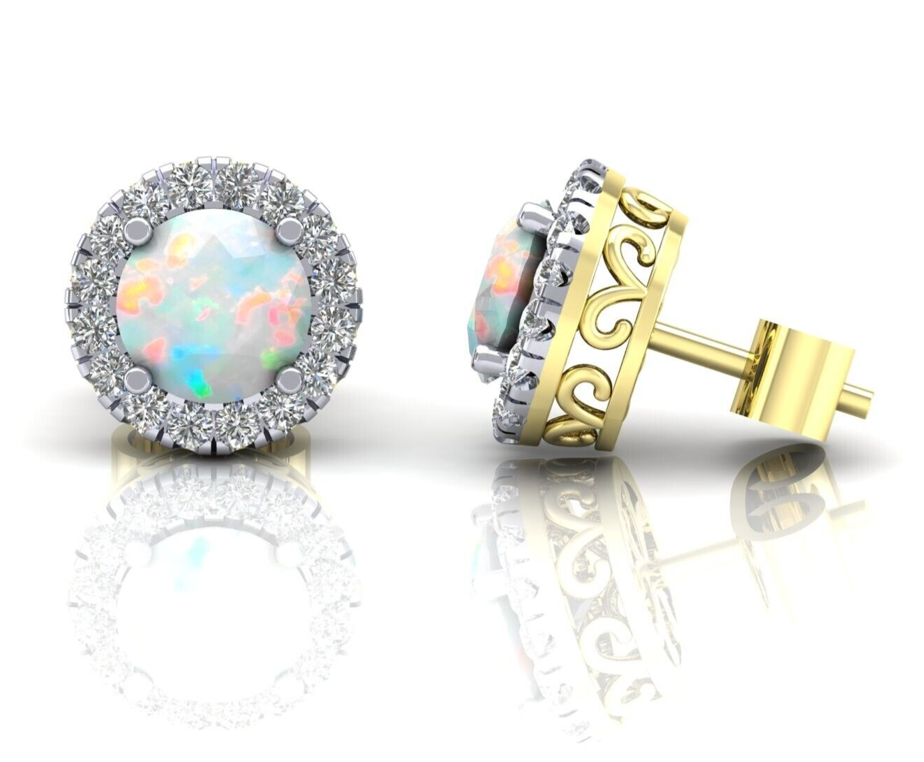 9ct Yellow Gold Opal Cluster Stud Earrings 8mm Round Studs Hallmarked