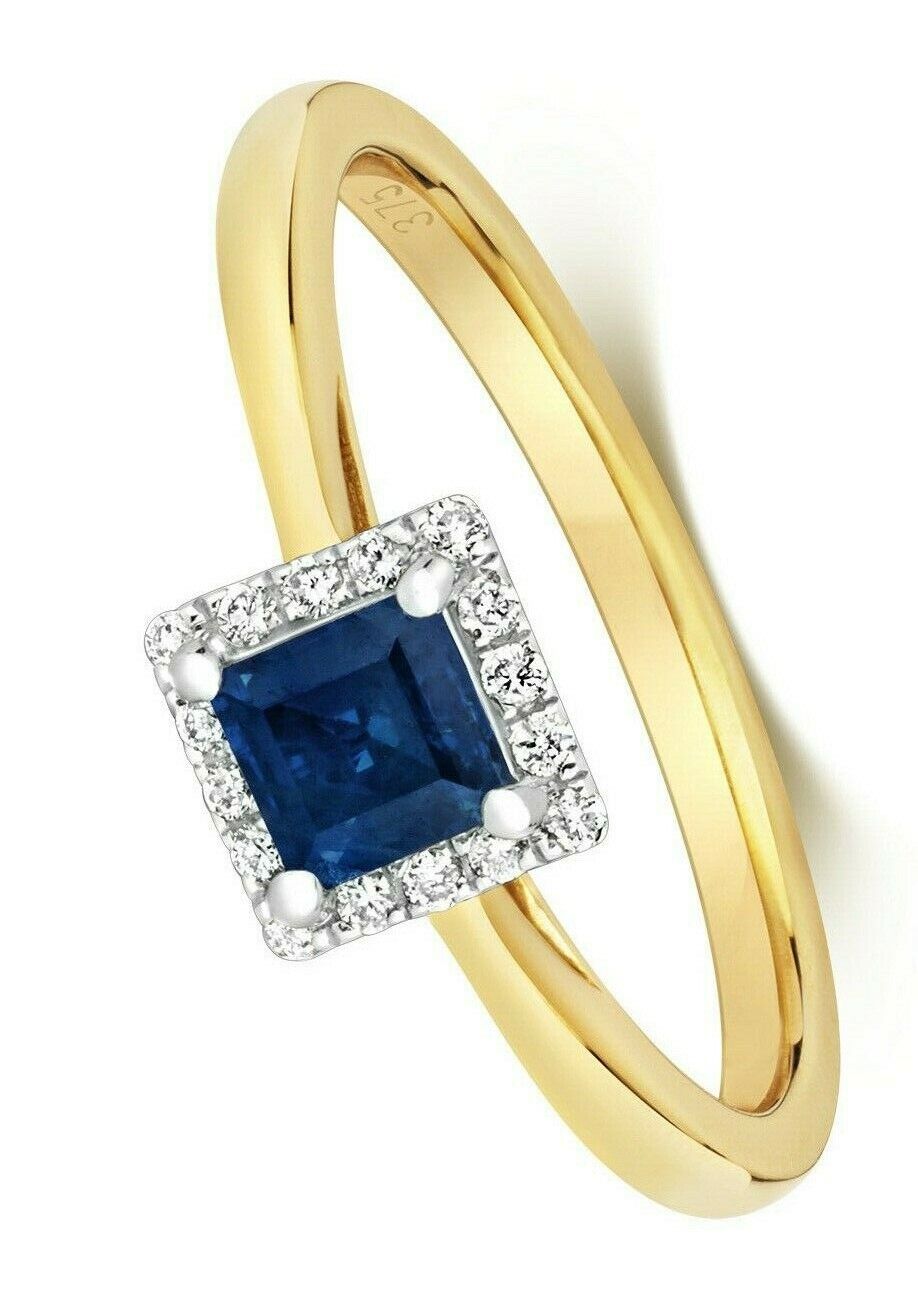 Real Sapphire and Diamond Ring 9ct Yellow Gold Square Cluster Size J - Q