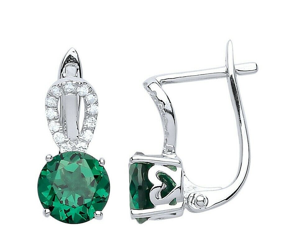 Emerald Leverback Drop Earrings Sterling Silver Rhodium Plated 925 Hallmark