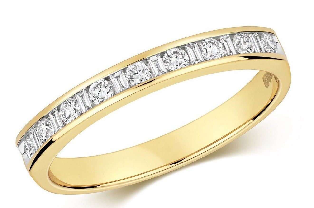 Real Diamond Eternity Ring 9ct Yellow Gold Round Brilliant and Baguette Band