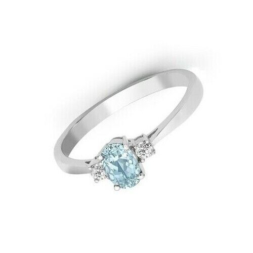 Real Aquamarine and Diamond Ring 18ct White Gold Three Stone Trilogy Engagement