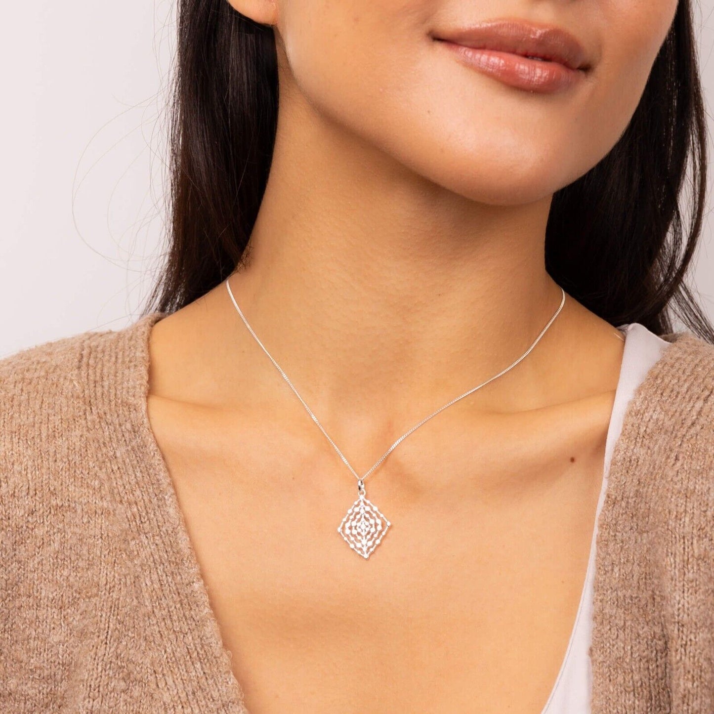 Geometrical Lace Textured Pendant Solid Sterling Silver 925 All Chain Lengths