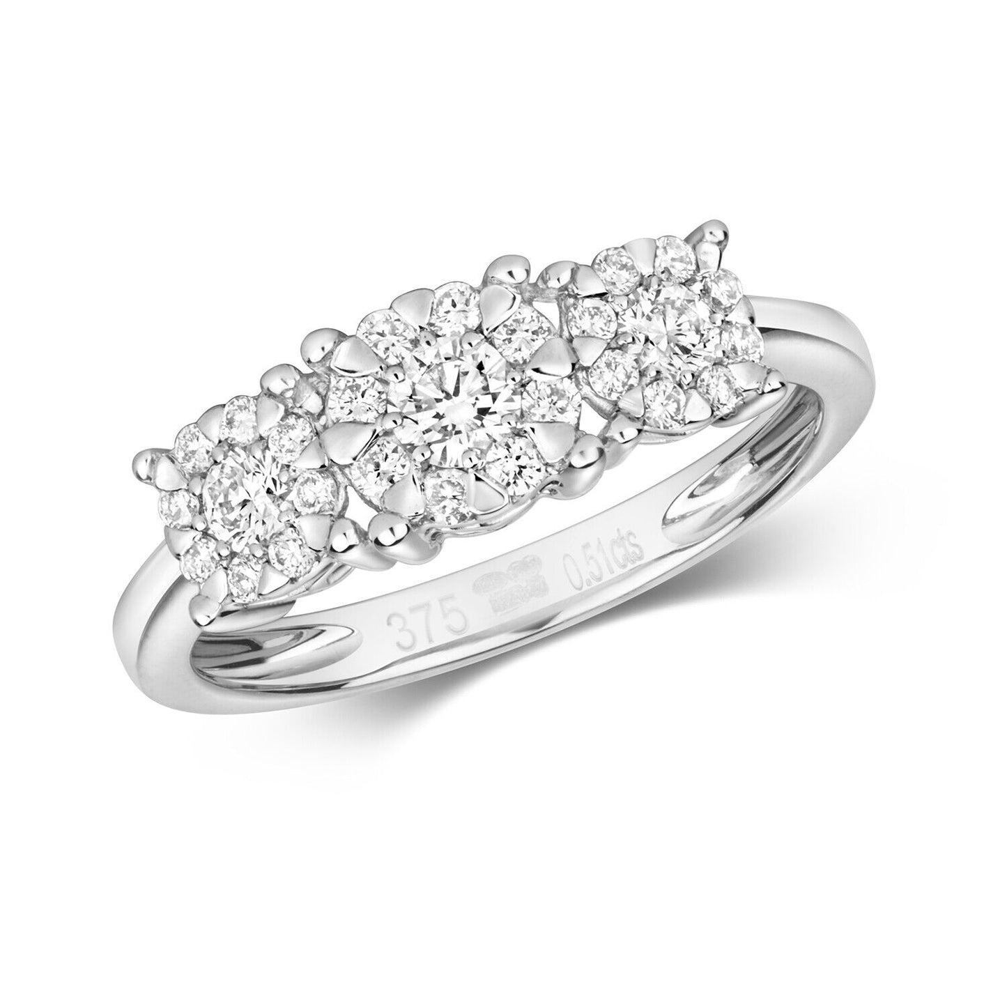 Real Diamond Three Cluster Ring 9ct White Gold 0.51 carat of Diamonds
