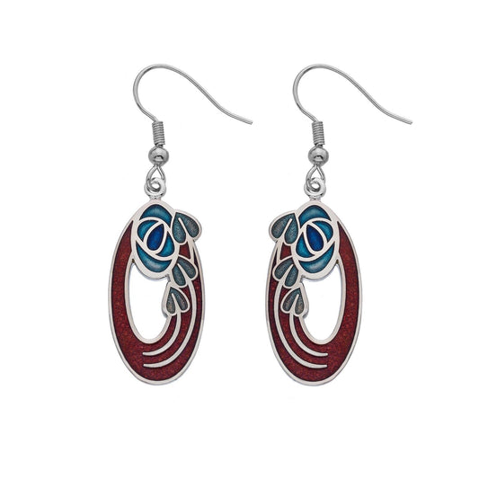 Mackintosh Rose and Leaf Drop Earrings Oval Silver Plated Branded Packaging