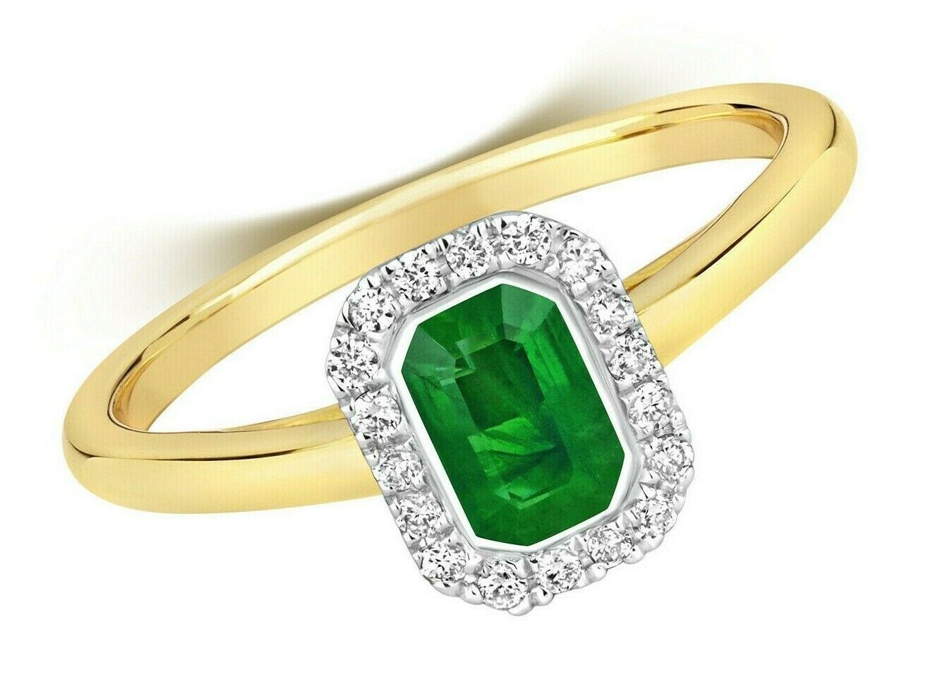 Real Emerald and Diamond Ring 9ct Yellow Gold Octagon Cluster Engagement