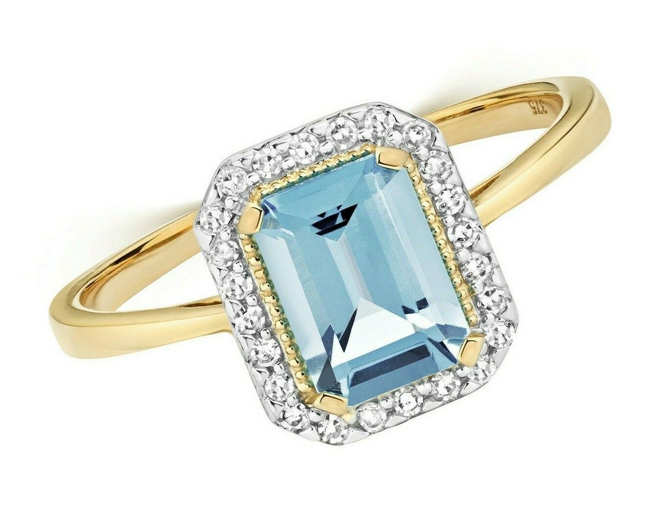 9ct Yellow Gold Blue Topaz and Diamond Ring Emerald Cut Cluster Size JKLMNOPQ
