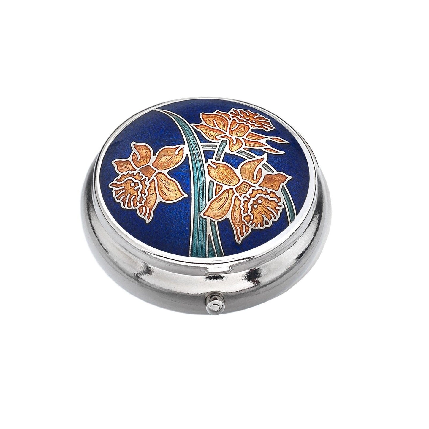 Pill Box Silver Plated Daffodil Design Blue Brand New and Boxed