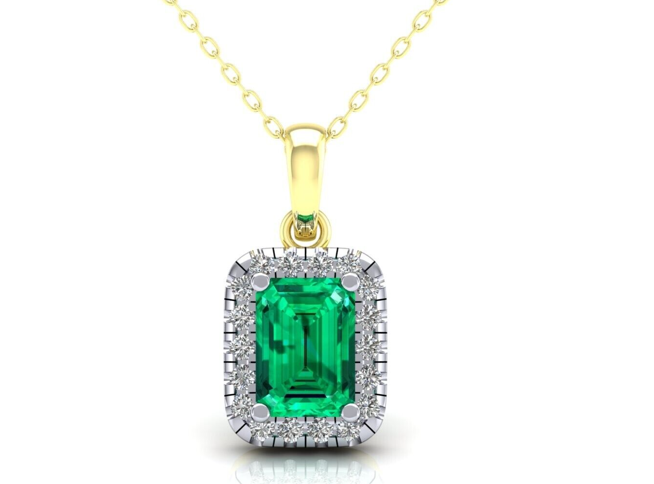 Emerald Rectangular Cluster Pendant Solid 9ct Yellow Gold 18" Chain Hallmarked