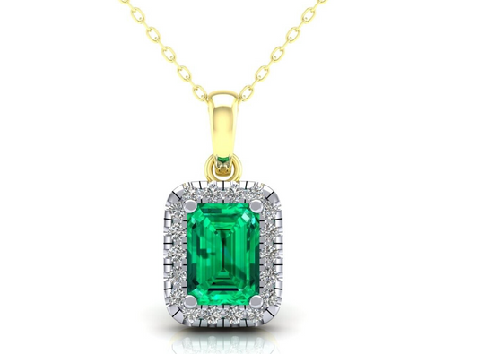 Emerald Rectangular Cluster Pendant Solid 9ct Yellow Gold 18" Chain Hallmarked