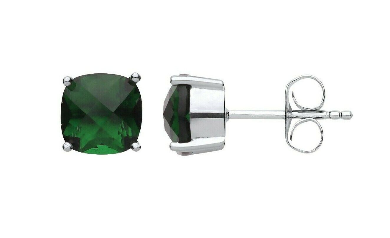 Emerald Cushion Solitaire Earrings Sterling Silver Rhodium Plate 925 Hallmark
