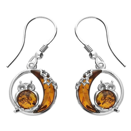 Cognac Amber Owl Earrings With Moon and Star Drops Solid Sterling Silver 925