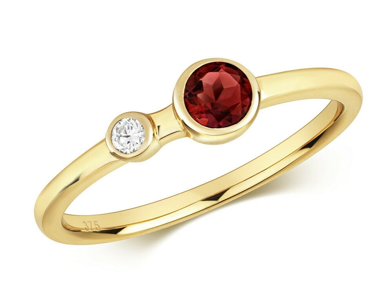 Real Garnet and Diamond Ring 9ct Yellow Gold Solitaire Smooth Set Band Size J-Q