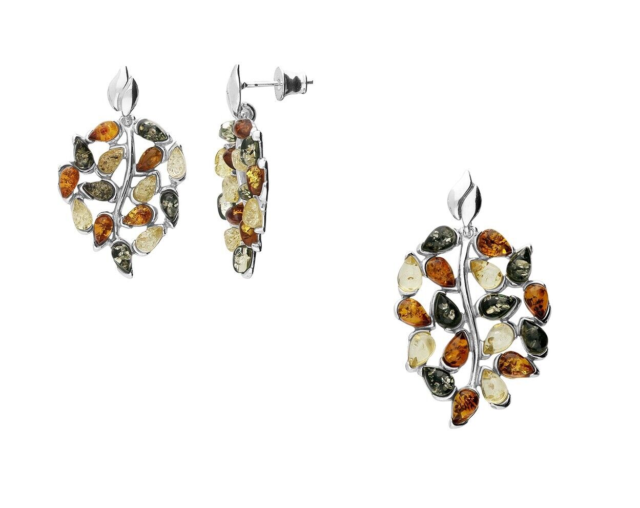 Mixed Amber Leaf Pendant and Earrings Set Solid Sterling Silver 925