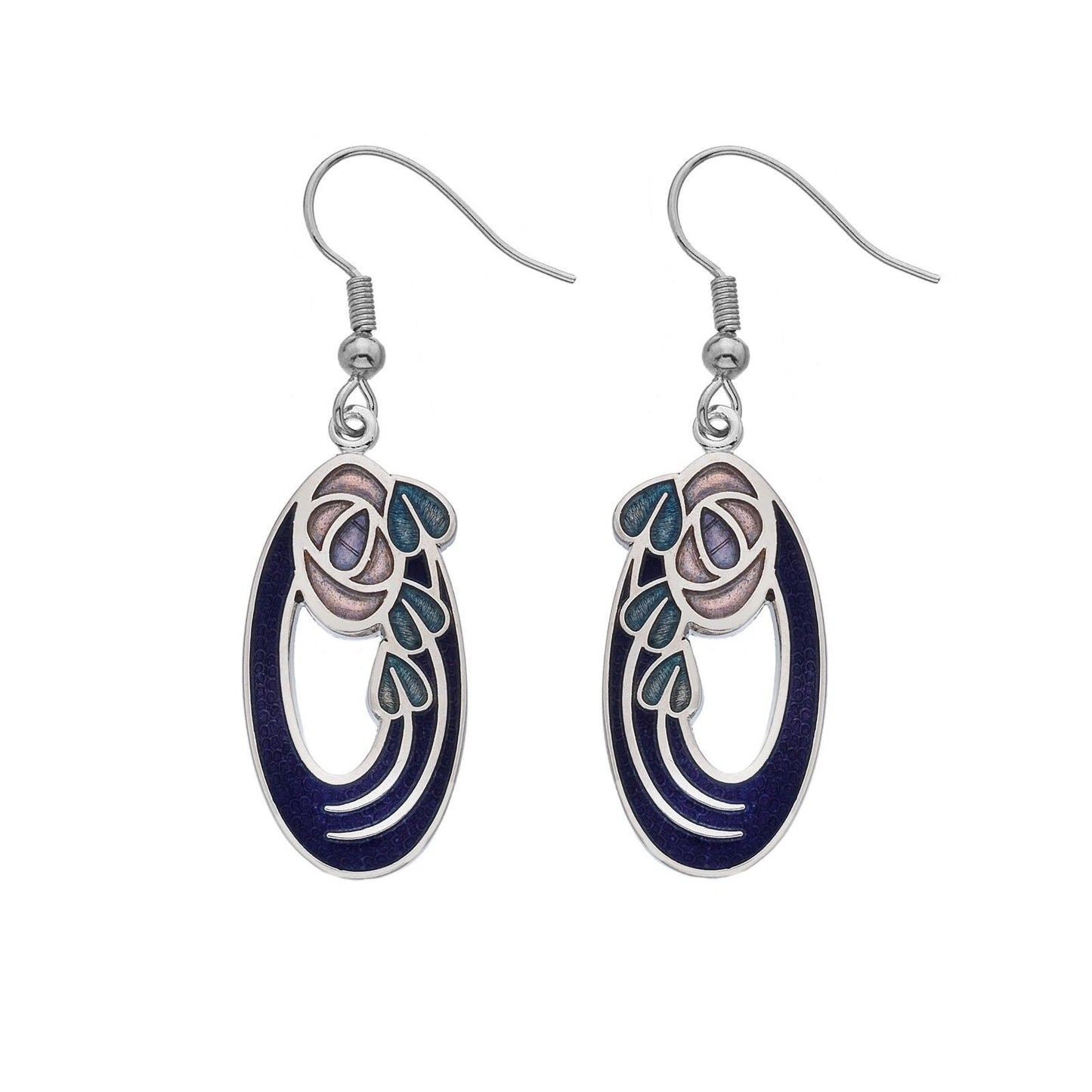 Mackintosh Rose and Leaf Drop Earrings Oval Silver Plated Branded Packaging