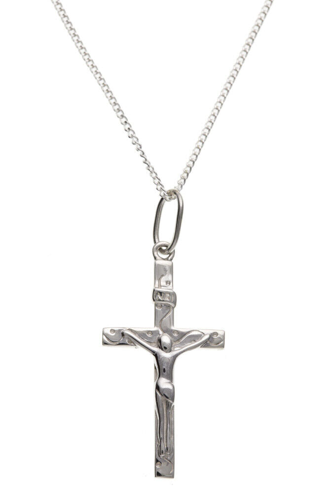 Sterling Silver Plain Crucifix Cross Pendant 26 x 15mm 925 Hallmark 16-18" Chain