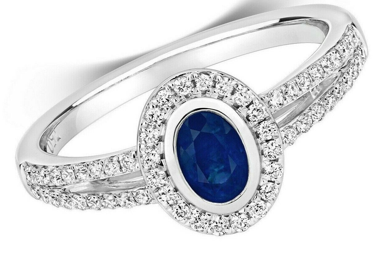Real Sapphire and Diamond Ring 18ct White Oval Halo Cluster Split Shank