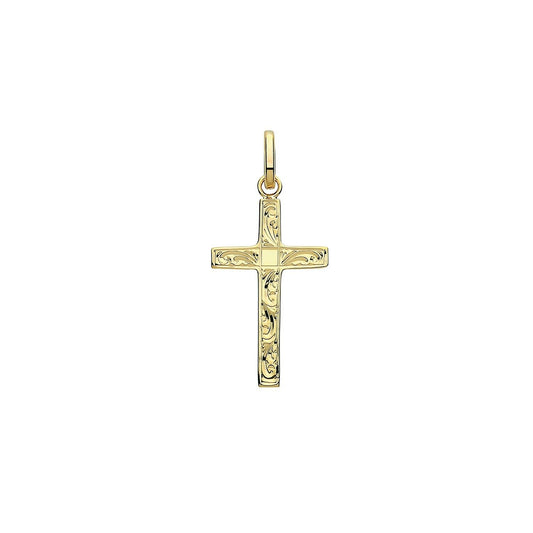 9ct Yellow Gold Patterned Cross Pendant Medium 24x15mm Christianity Christening