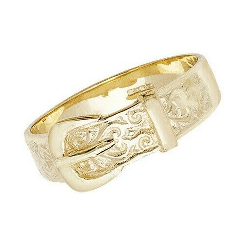 9ct Yellow Gold Mens Engraved Buckle Ring Fully Hallmarked
