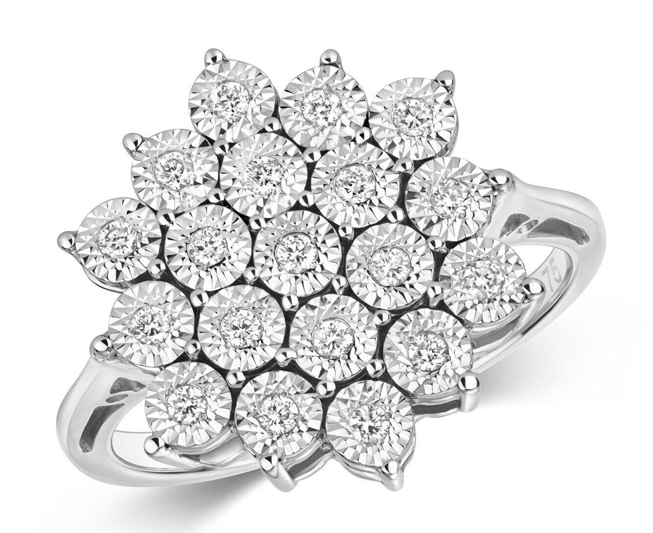 Real Diamond Ring Large Cluster 9ct White Gold Engagement 0.20ctw Size J - Q